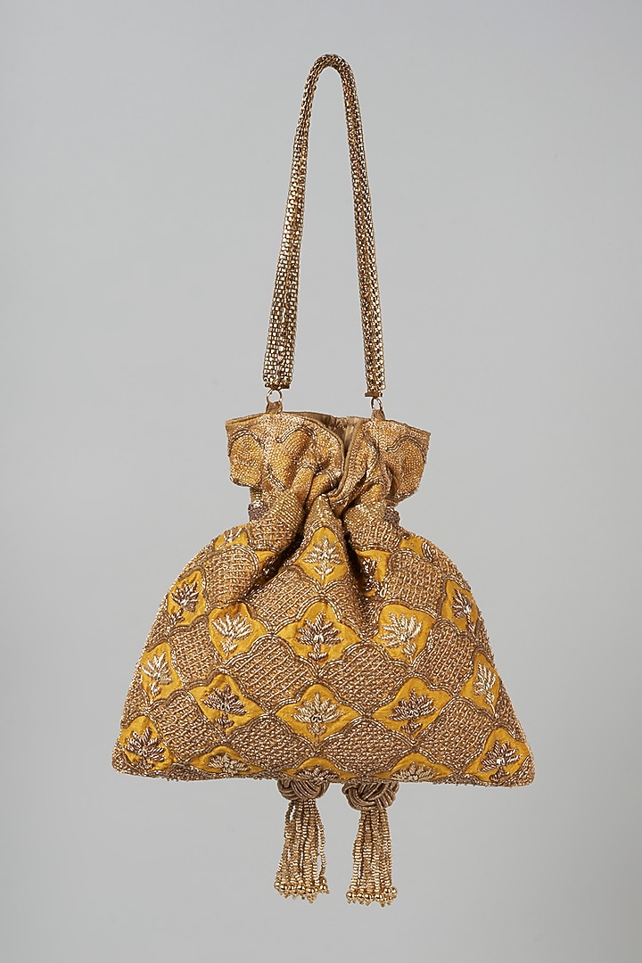 Mustard Raw Silk Hand Embroidered Potli by The Pink Potli at Pernia's Pop Up Shop