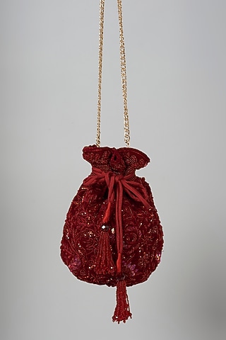 Maroon Velvet Hand Embroidered Potli by The Pink Potli