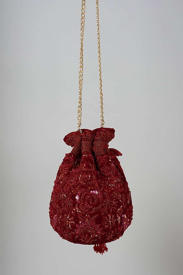 Maroon Velvet Hand Embroidered Potli by The Pink Potli at Pernia's Pop Up Shop