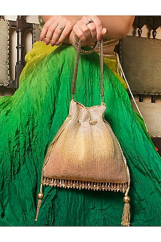 Gold Ombre Blended Silk Polti With Bead Work by The Pink Potli