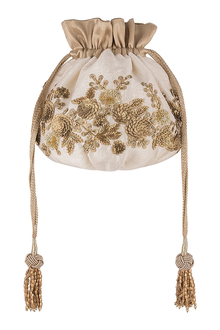 White Embroidered Potli Bag by The Pink Potli at Pernia's Pop Up Shop