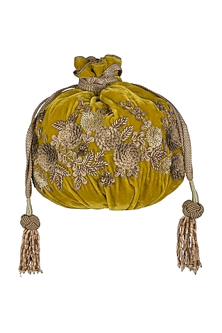 Mustard Velvet Cutdana Embroidered Potli by The Pink Potli