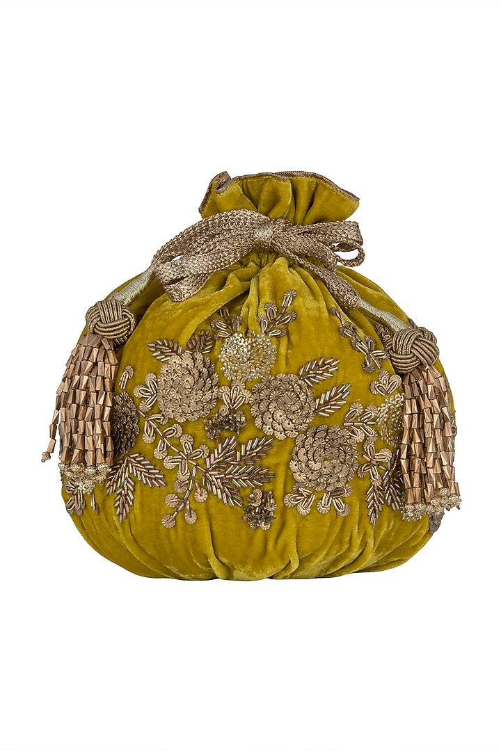 Mustard Velvet Cutdana Embroidered Potli by The Pink Potli at Pernia's Pop Up Shop