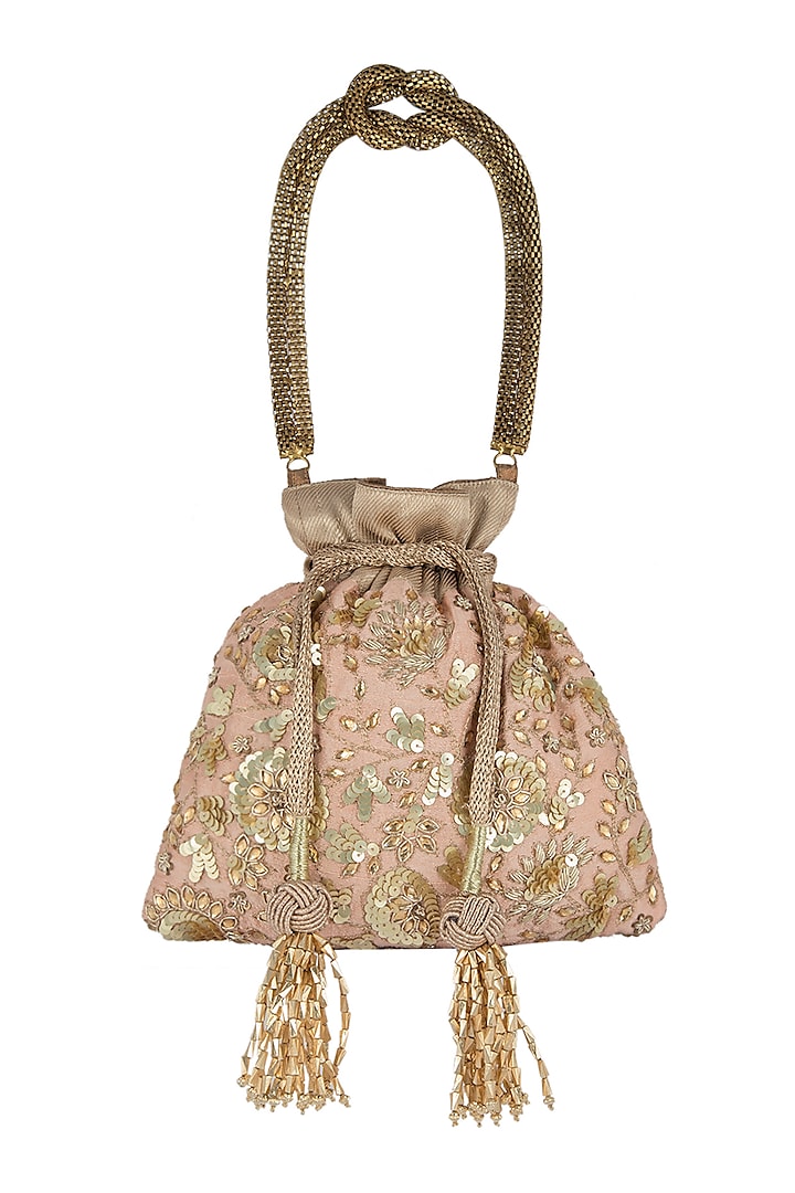 Peach Embroidered Potli Bag by The Pink Potli at Pernia's Pop Up Shop