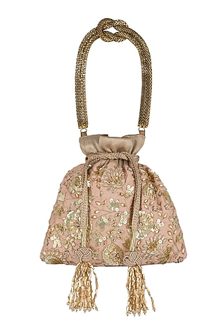 Peach Raw Silk Sequins Embroidered Potli by The Pink Potli