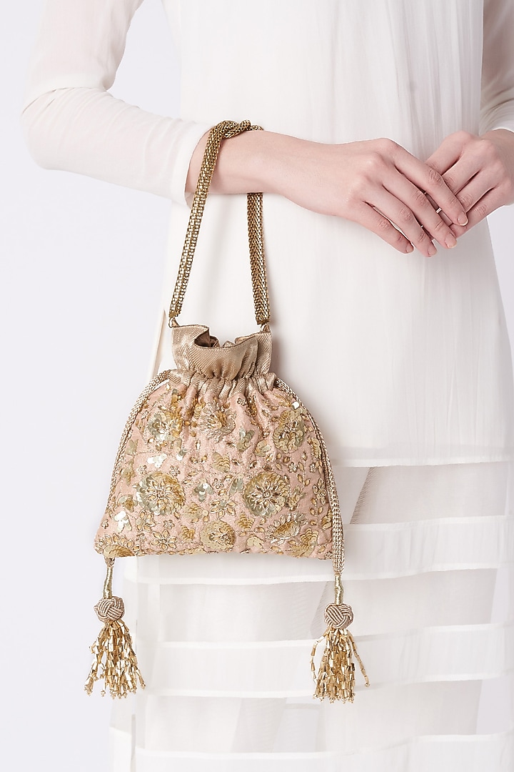 Peach Raw Silk Sequins Embroidered Potli by The Pink Potli at Pernia's Pop Up Shop