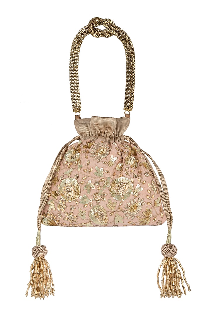 Peach Raw Silk Sequins Embroidered Potli by The Pink Potli at Pernia's Pop Up Shop