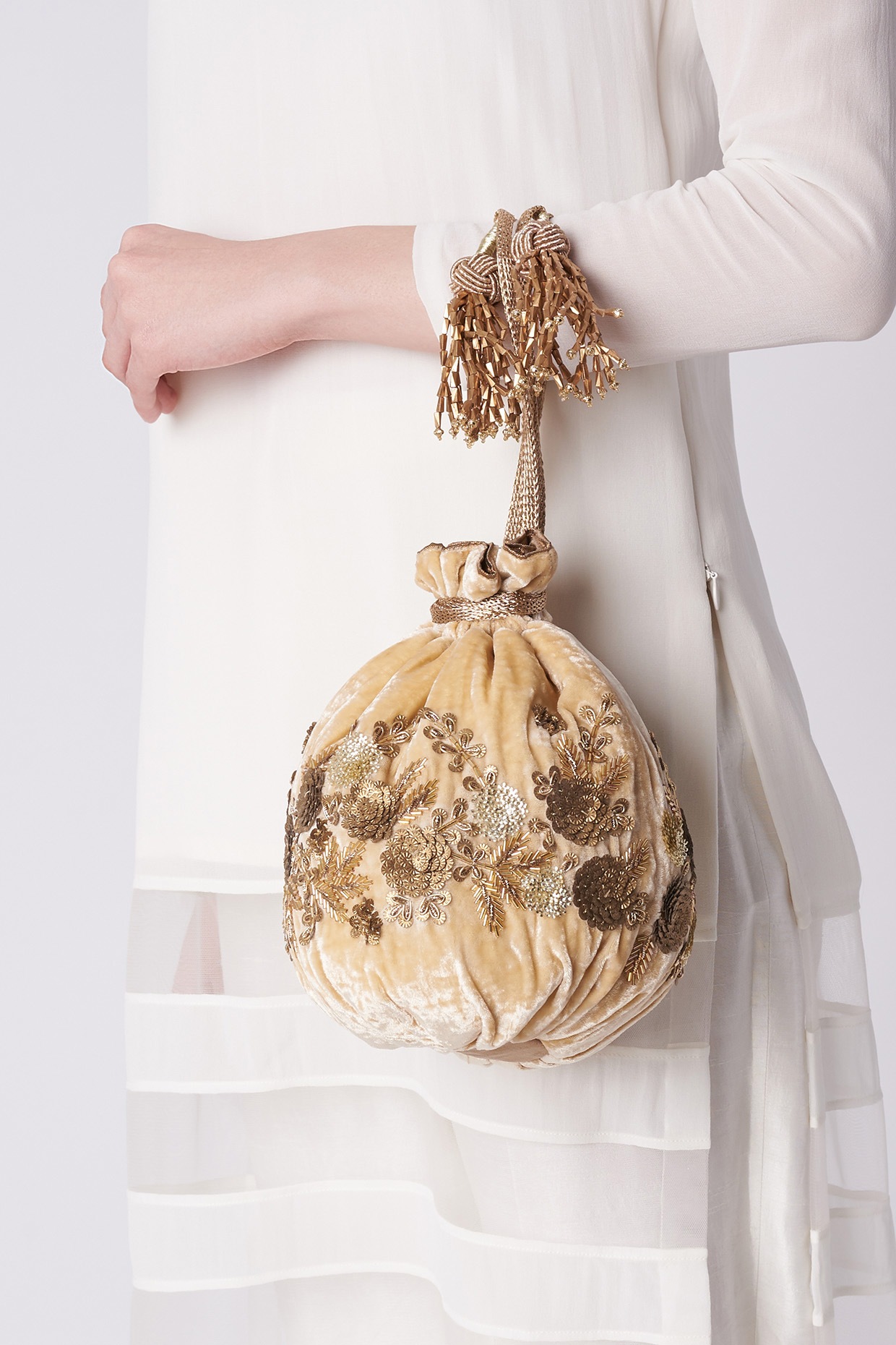 Velvet Zari Embroidered Golden Potli Bag | Angad Creations