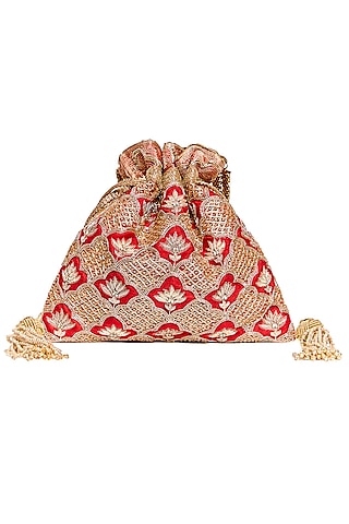 Red Raw Silk Zardosi Embroidered Potli by The Pink Potli