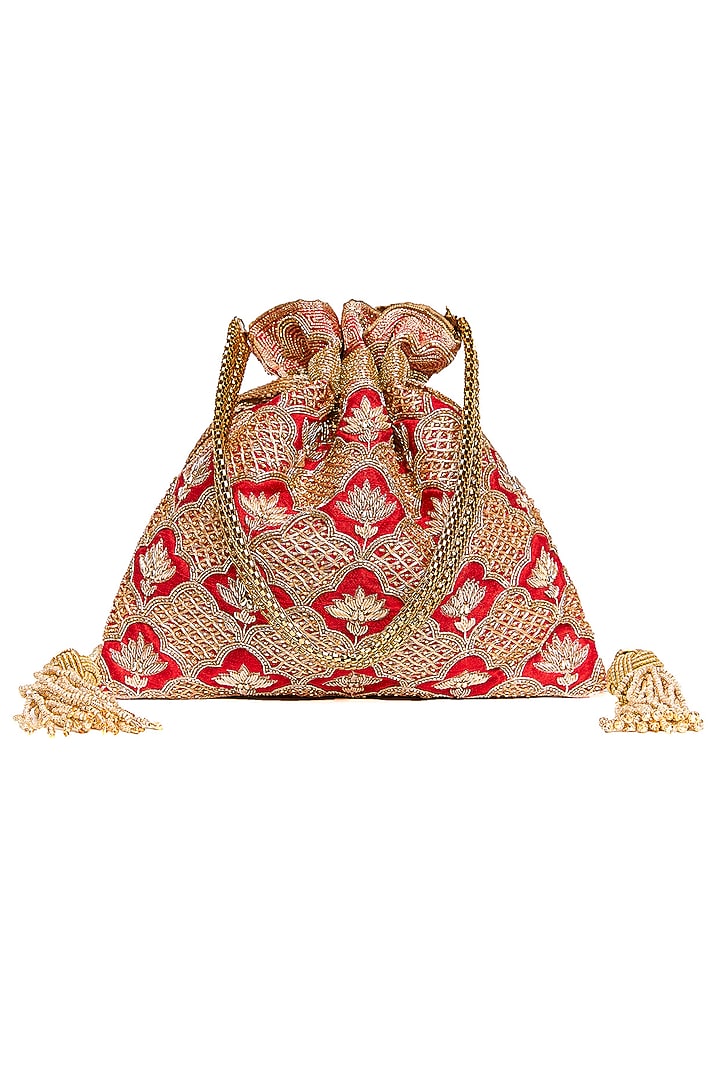 Red Raw Silk Zardosi Embroidered Potli by The Pink Potli at Pernia's Pop Up Shop
