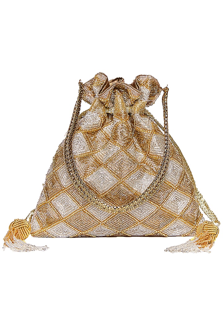 Silver & Gold Blended Silk Embroidered Potli by The Pink Potli at Pernia's Pop Up Shop