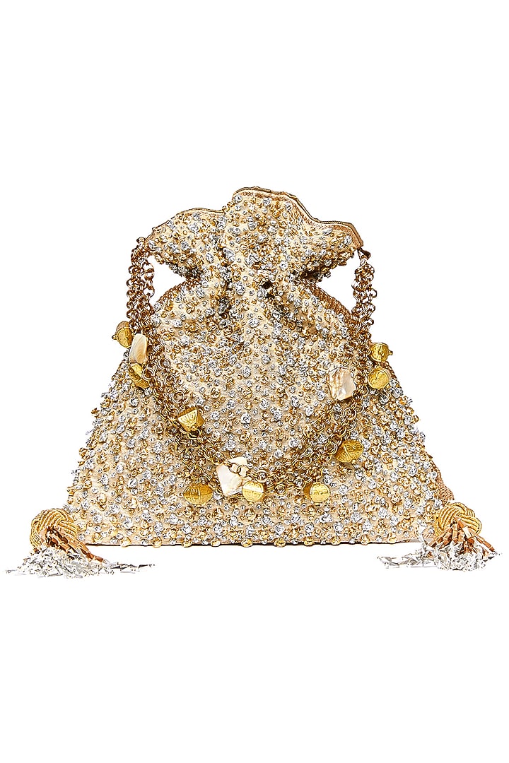Gold Tissue Gota Patti Embroidered Potli by The Pink Potli at Pernia's Pop Up Shop