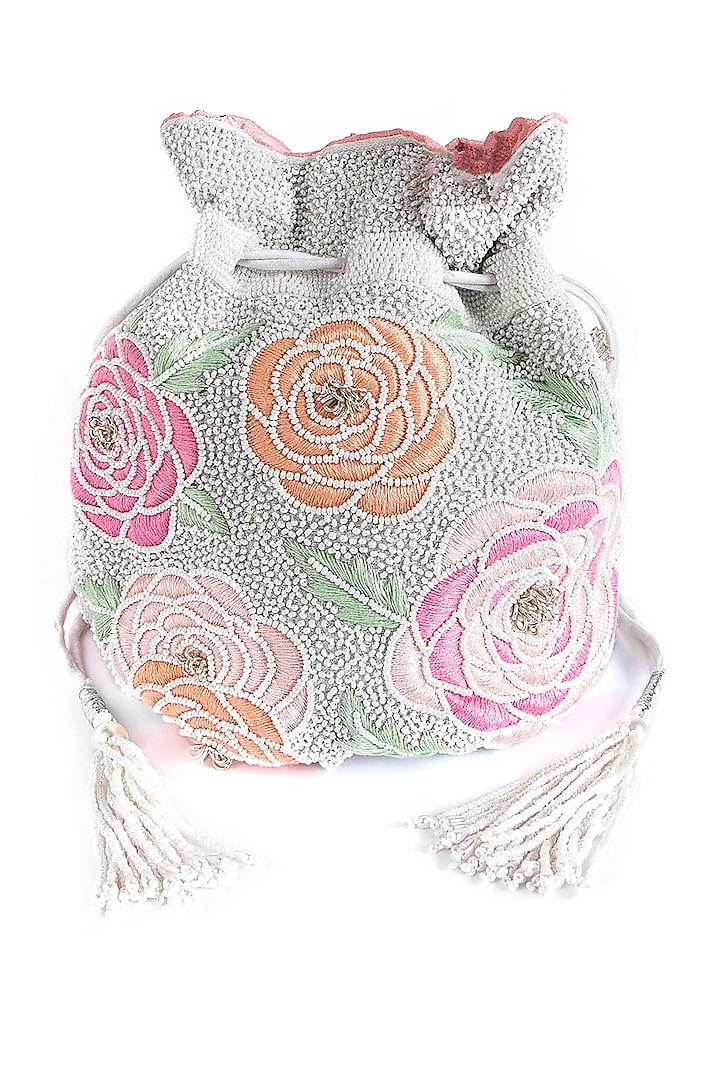 White Embroidered Bag With Pearl Chain by The Pink Potli