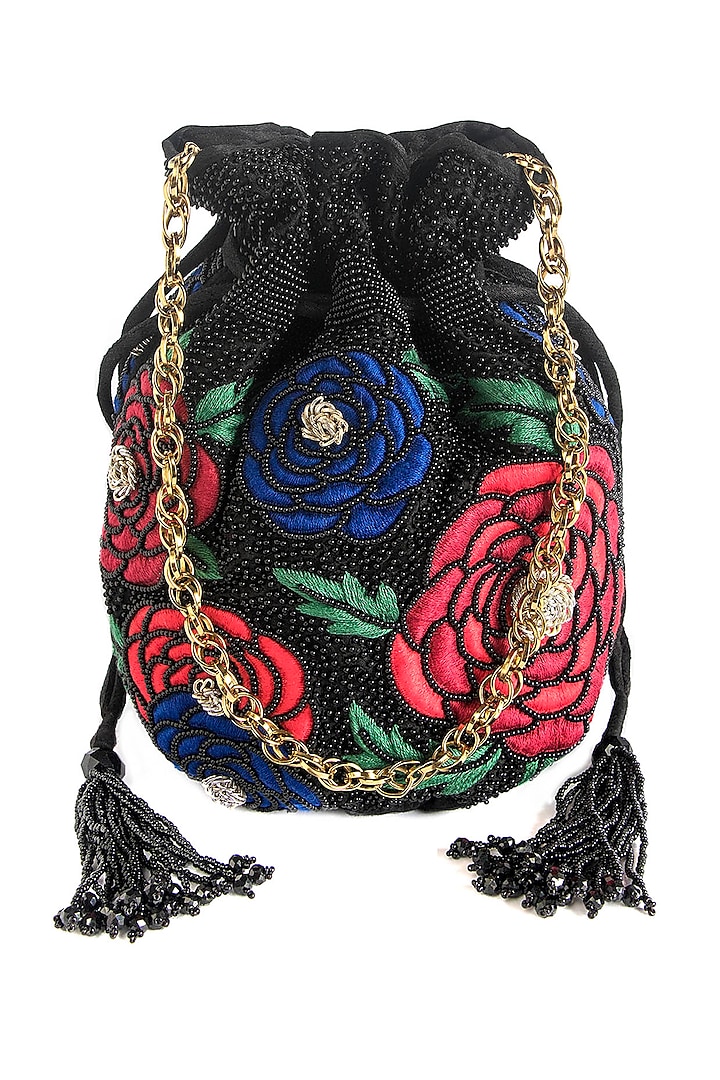 Black Embroidered Potli With Chain by The Pink Potli