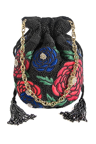 Black Blended Silk Embroidered Potli With Chain by The Pink Potli