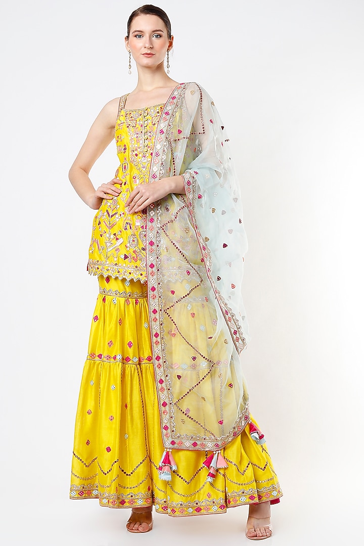 Bright Yellow Chanderi Resham Embroidered Gharara Set by Tamanna Punjabi Kapoor at Pernia's Pop Up Shop