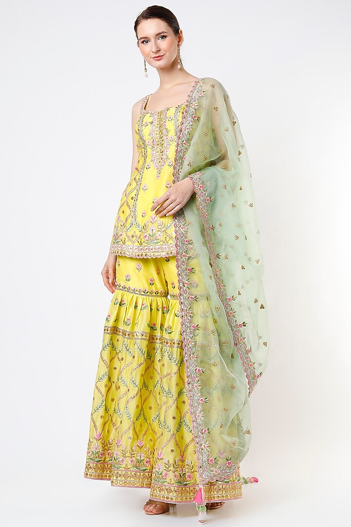 Lemon Yellow Chanderi Resham Embroidered Gharara Set by Tamanna Punjabi Kapoor at Pernia's Pop Up Shop