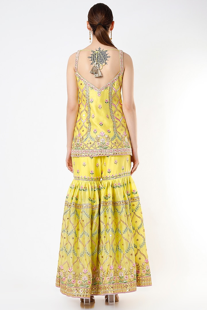 Lemon Yellow Chanderi Resham Embroidered Gharara Set by Tamanna Punjabi Kapoor at Pernia's Pop Up Shop