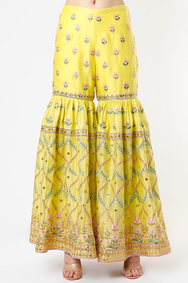 Lemon Yellow Chanderi Resham Embroidered Gharara Set by Tamanna Punjabi Kapoor at Pernia's Pop Up Shop