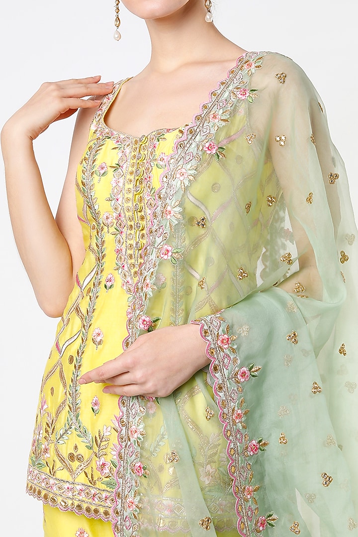 Lemon Yellow Chanderi Resham Embroidered Gharara Set by Tamanna Punjabi Kapoor at Pernia's Pop Up Shop