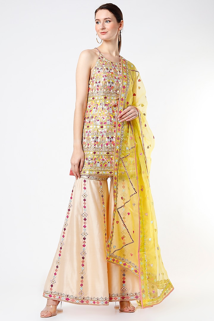 Beige Chanderi Mirror Embroidered Gharara Set by Tamanna Punjabi Kapoor at Pernia's Pop Up Shop