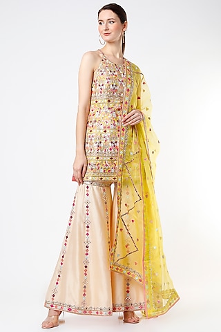 Beige Chanderi Mirror Embroidered Gharara Set  by Tamanna Punjabi Kapoor