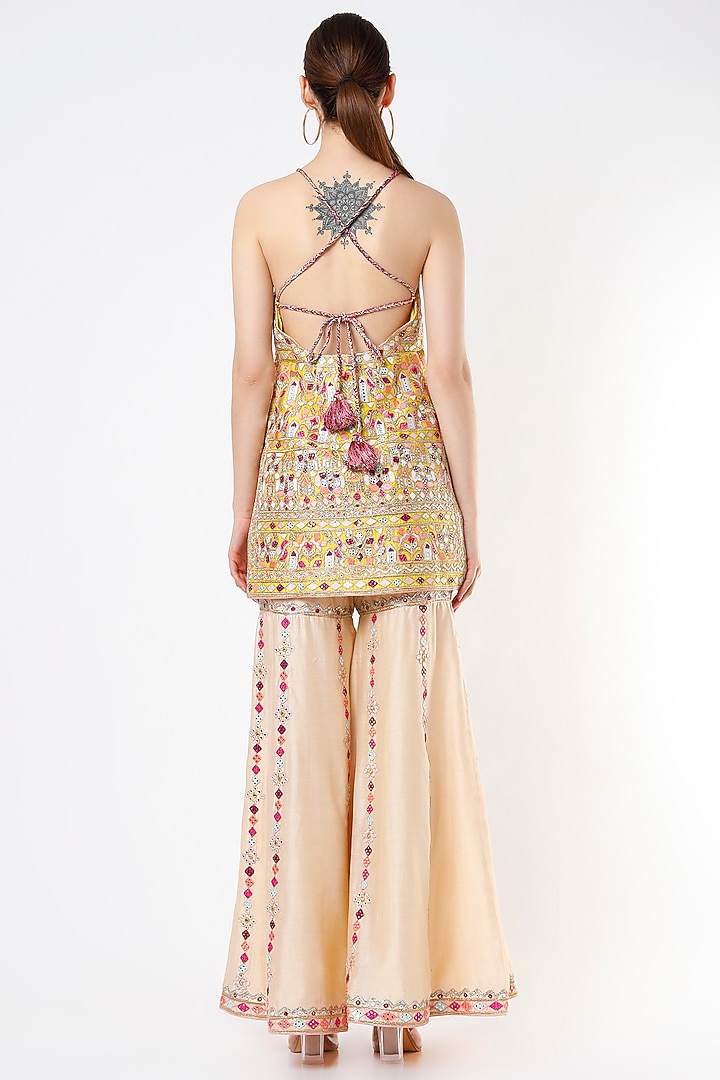 Beige Chanderi Mirror Embroidered Gharara Set  by Tamanna Punjabi Kapoor at Pernia's Pop Up Shop