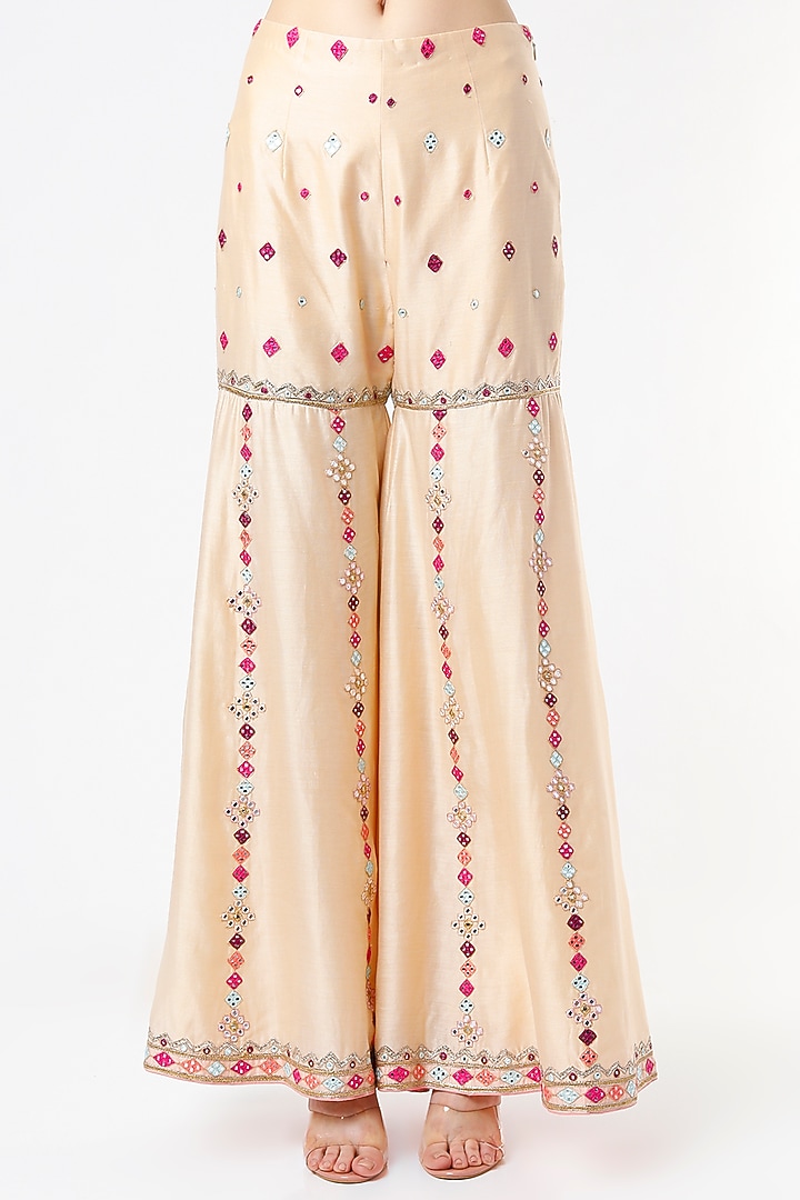 Beige Chanderi Mirror Embroidered Gharara Set  by Tamanna Punjabi Kapoor at Pernia's Pop Up Shop