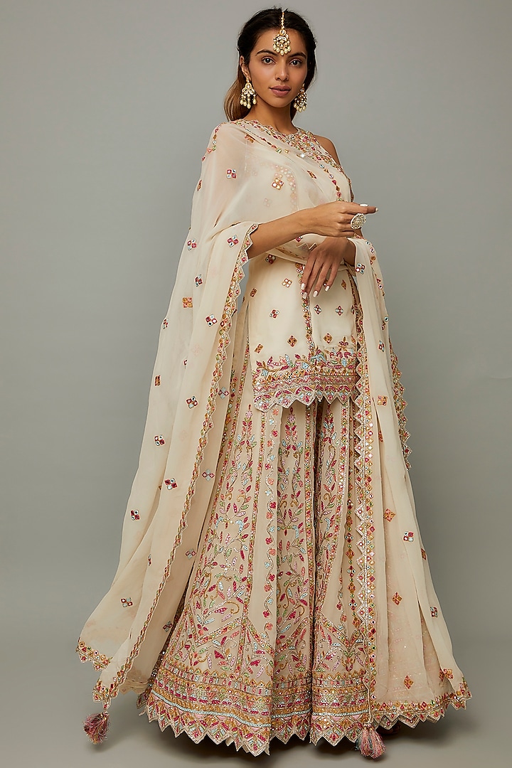 Ivory Chanderi Silk & Georgette Embroidered Sharara Set by Tamanna Punjabi Kapoor