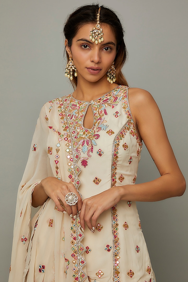 Ivory Chanderi Silk & Georgette Embroidered Bridal Sharara Set by Tamanna Punjabi Kapoor at Pernia's Pop Up Shop