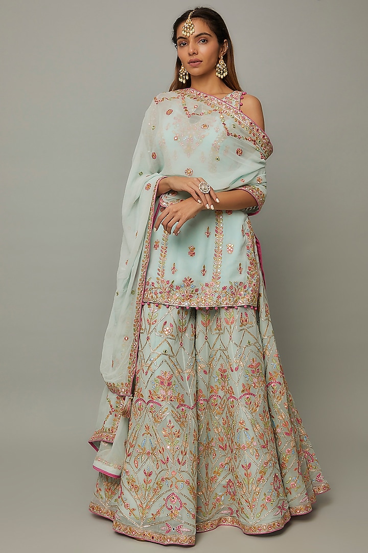 Powder Blue Georgette & Chanderi Silk Embroidered Sharara Set by Tamanna Punjabi Kapoor