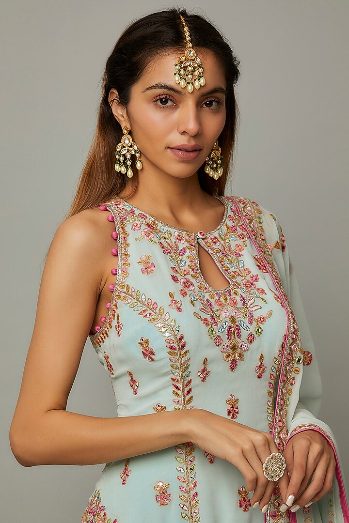 Powder Blue Georgette & Chanderi Silk Embroidered Bridal Sharara Set by Tamanna Punjabi Kapoor at Pernia's Pop Up Shop