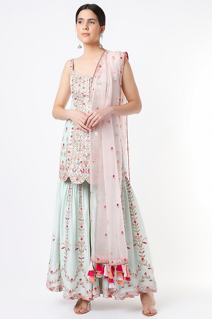 Ice Blue Chanderi & Gota Embroidered Gharara Set by Tamanna Punjabi Kapoor at Pernia's Pop Up Shop