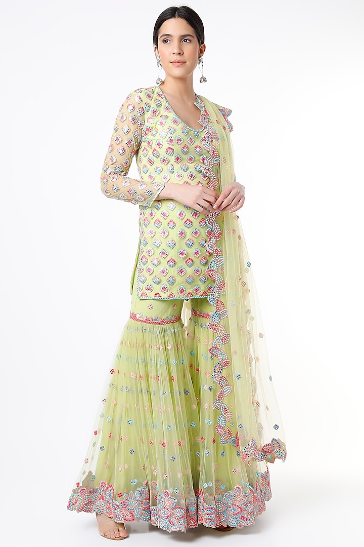 Mint Green Soft Net Resham & Cutwork Embroidered Gharara Set by Tamanna Punjabi Kapoor