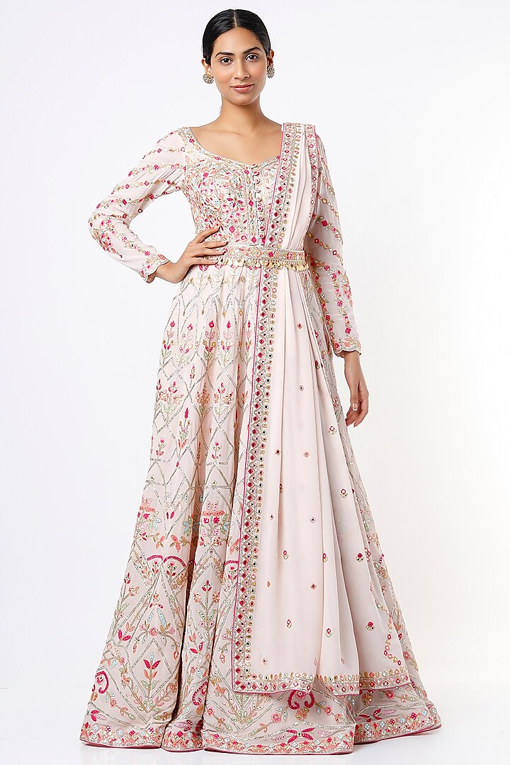 Blush Pink Embroidered Anarkali Set With Belt by Tamanna Punjabi Kapoor at Pernia's Pop Up Shop