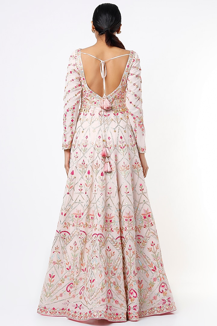 Blush Pink Embroidered Bridal Anarkali Set With Belt by Tamanna Punjabi Kapoor at Pernia's Pop Up Shop