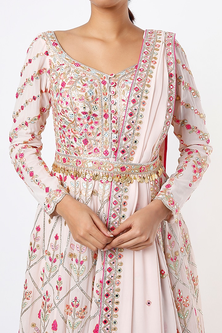 Blush Pink Embroidered Bridal Anarkali Set With Belt by Tamanna Punjabi Kapoor at Pernia's Pop Up Shop