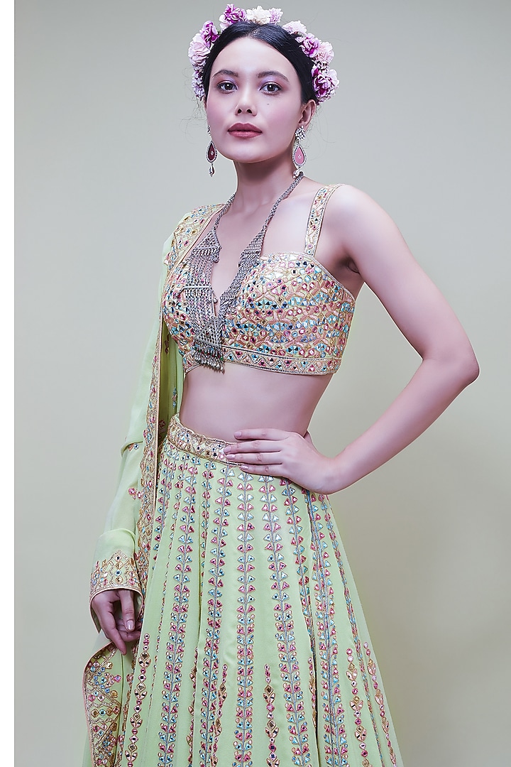 Green Georgette Embroidered Bridal Lehenga Set by Tamanna Punjabi Kapoor at Pernia's Pop Up Shop