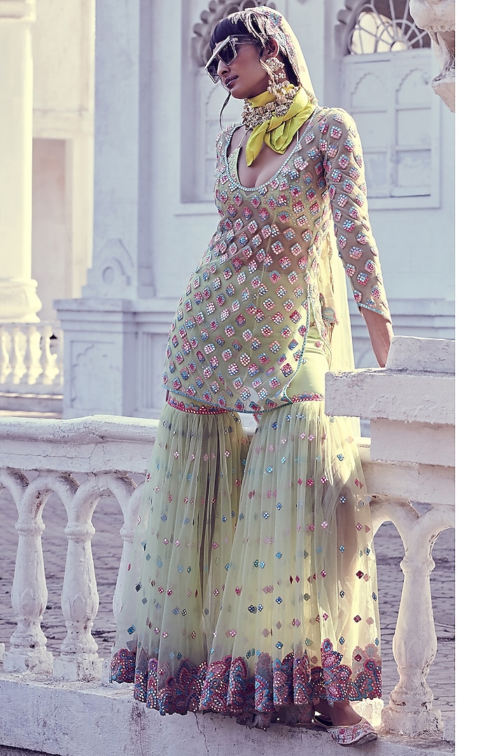 Green Soft Net Hand & Machine Embroidered Gharara Set by Tamanna Punjabi Kapoor