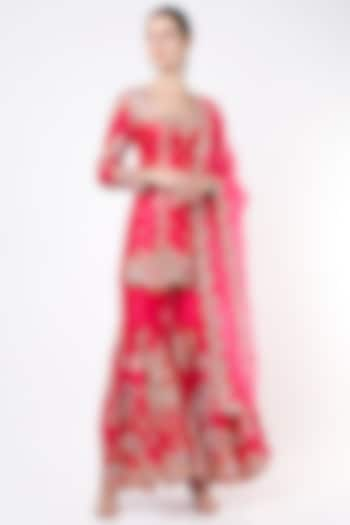 Hot Pink Chanderi Frilled Gharara Set by Tamanna Punjabi Kapoor at Pernia's Pop Up Shop