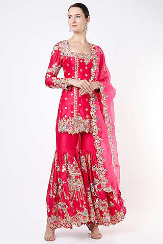 Hot Pink Chanderi Frilled Gharara Set by Tamanna Punjabi Kapoor