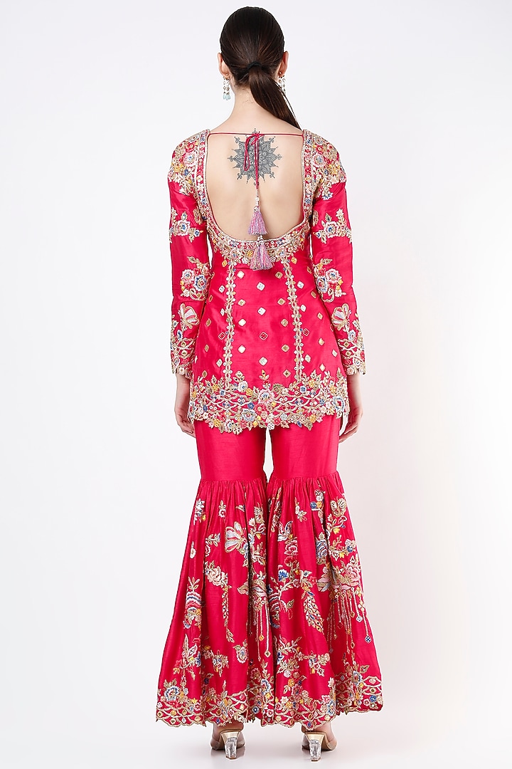 Hot Pink Chanderi Frilled Gharara Set by Tamanna Punjabi Kapoor at Pernia's Pop Up Shop