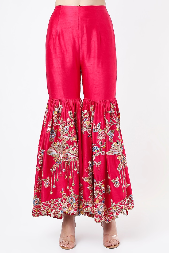 Hot Pink Chanderi Frilled Gharara Set by Tamanna Punjabi Kapoor at Pernia's Pop Up Shop