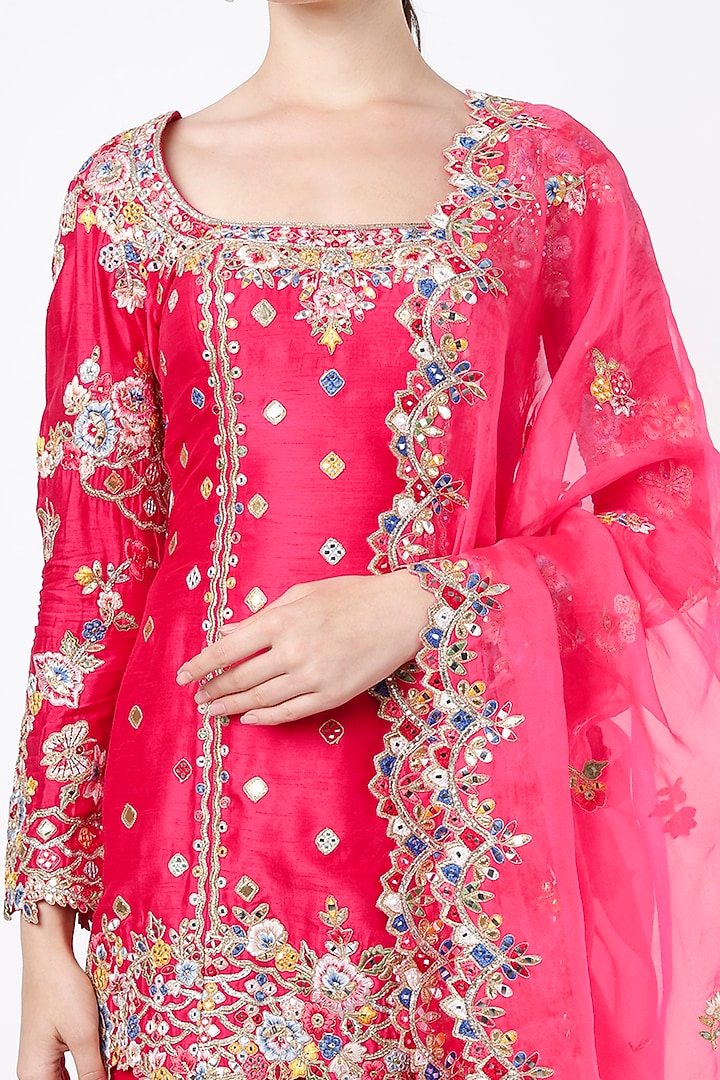 Hot Pink Chanderi Frilled Gharara Set by Tamanna Punjabi Kapoor at Pernia's Pop Up Shop