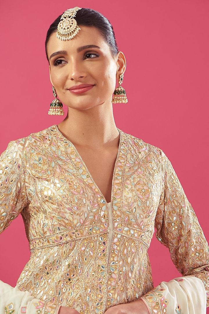 Ivory Chanderi Silk & Georgette Embroidered Bridal Sharara Set by Tamanna Punjabi Kapoor at Pernia's Pop Up Shop