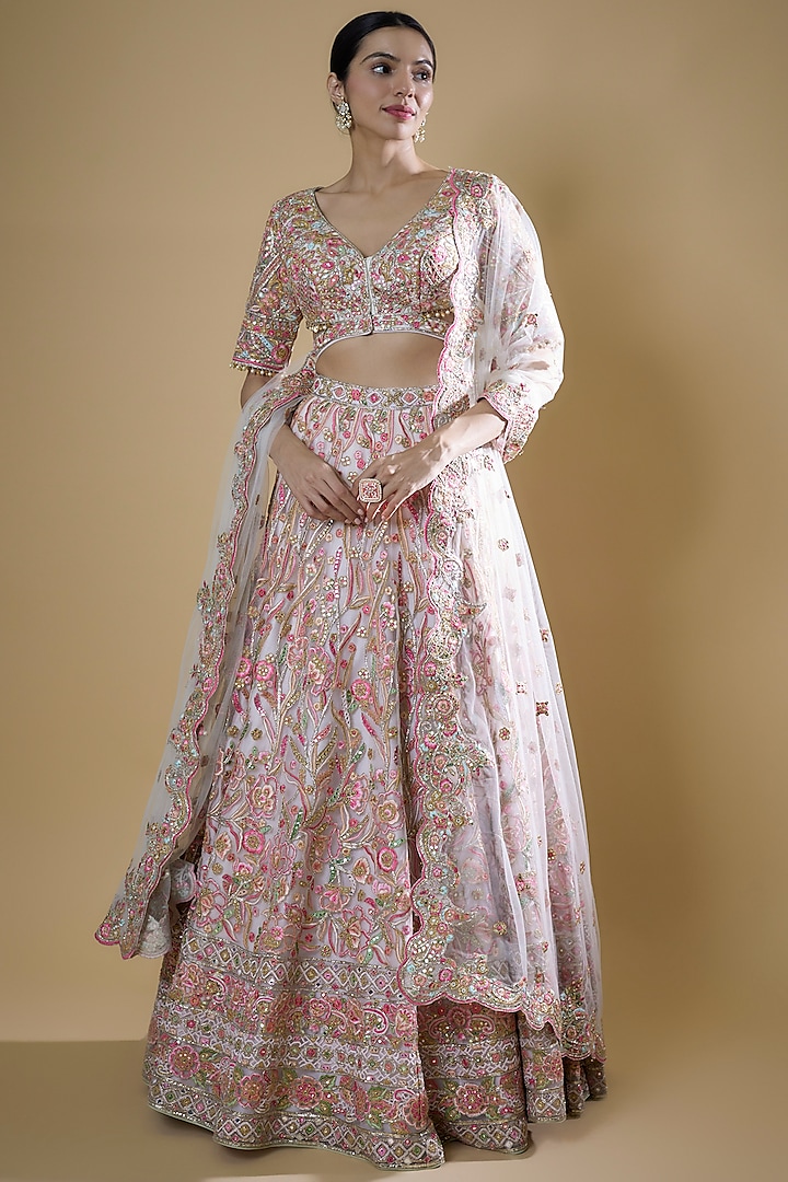 Ivory Net Embroidered Bridal Lehenga Set by Tamanna Punjabi Kapoor at Pernia's Pop Up Shop