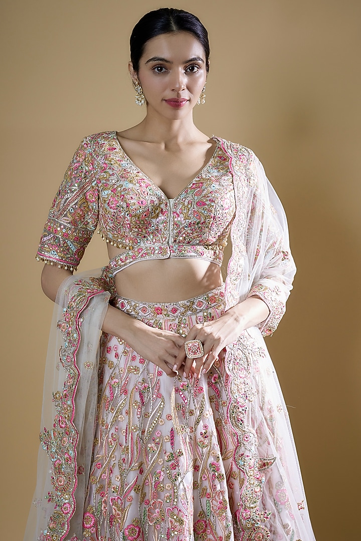 Ivory Net Embroidered Bridal Lehenga Set by Tamanna Punjabi Kapoor at Pernia's Pop Up Shop