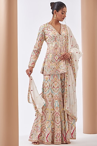 Ivory Georgette Embroidered Sharara Set by Tamanna Punjabi Kapoor