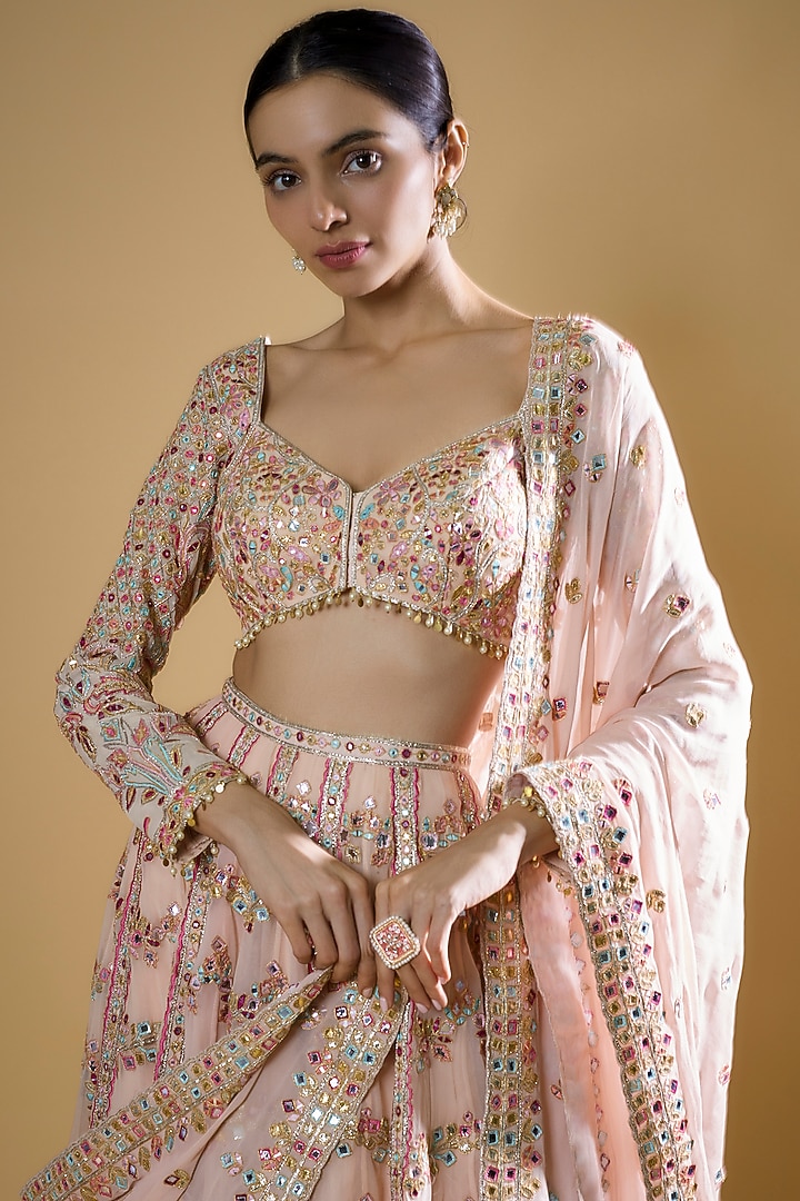 Baby Pink Georgette Embroidered Bridal Lehenga Set by Tamanna Punjabi Kapoor at Pernia's Pop Up Shop
