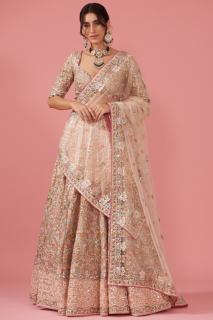 Light Peach Net Embroidered Lehenga Set by Tamanna Punjabi Kapoor